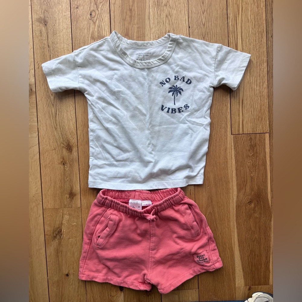 Zara Greyson Mini 3T Outfit No Bad Vibes Surfer Tshirt Orange Shorts